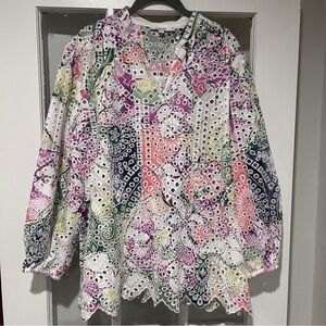 Chicos KALMIA Eyelet Modern Bloom Balloon Sleeve Top LS Woven Pattern US 14